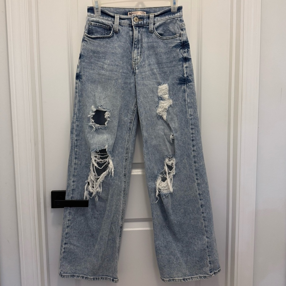 SO Light Blue Distressed super High Rise Wide Leg Jeans